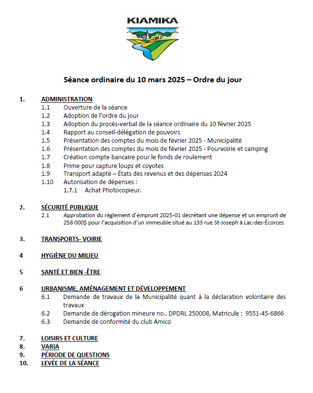 Projet ordre du jour 10 mars 25